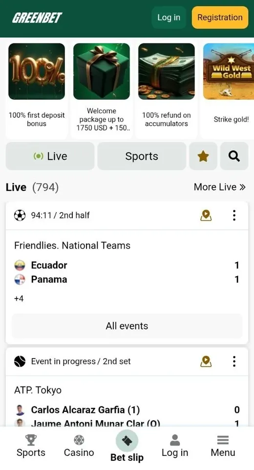 Greenbet main page on a phone with the yellow REGISTRATION button
