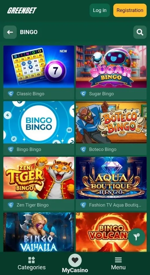 Greenbet Bingo section opened from the main menu