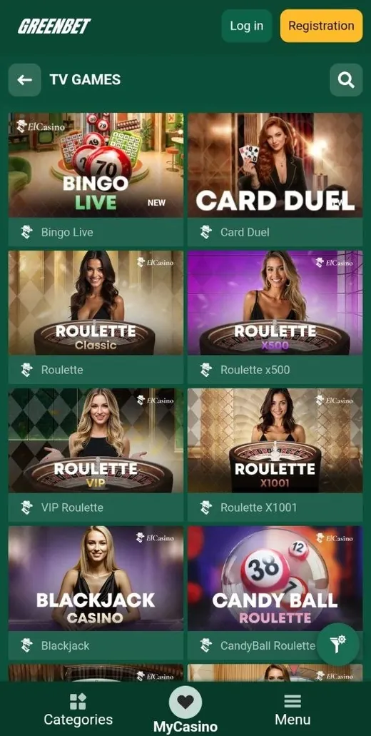 Greenbet TV Games section with live draw games